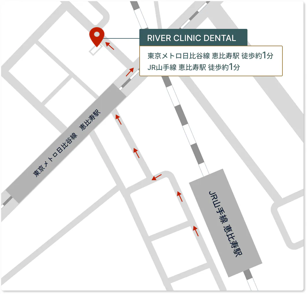 恵比寿駅周辺の地図。JR山手線・東京メトロ日比谷線 恵比寿駅から徒歩約1分