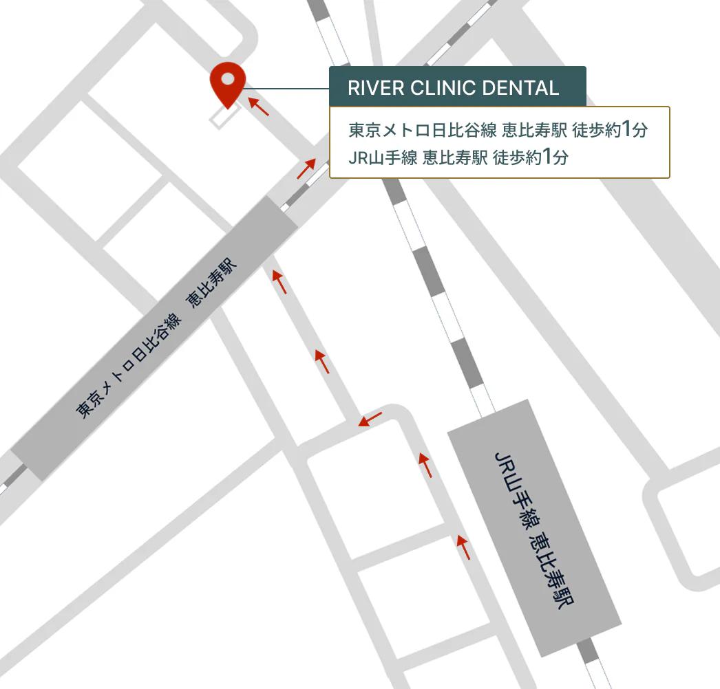 恵比寿駅周辺の地図。JR山手線・東京メトロ日比谷線 恵比寿駅から徒歩約1分